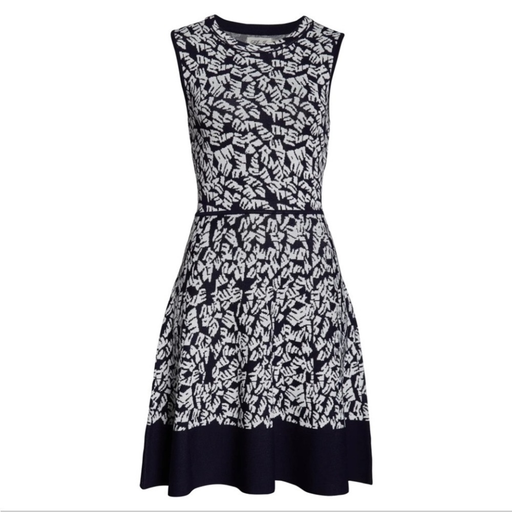 Eliza J Fit & Flare Sleeveless Sweater Dress Geometric Navy Size Large EUC - Picture 3 of 12